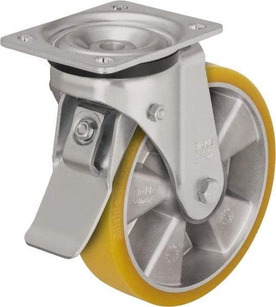 Blickle - 6-1/2" Diam x 1-31/32" Wide x 7-61/64" OAH Top Plate Mount Swivel Caster with Brake - Polyurethane-Elastomer Blickle Extrathane, 1,210 Lb Capacity, Ball Bearing, 5-1/2 x 4-3/8" Plate - USA Tool & Supply