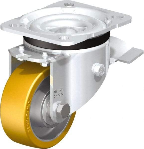 Blickle - 3" Diam x 1-11/64" Wide x 4-21/64" OAH Top Plate Mount Swivel Caster with Brake - Polyurethane-Elastomer Blickle Extrathane, 396 Lb Capacity, Ball Bearing, 3-15/16 x 3-3/8" Plate - USA Tool & Supply