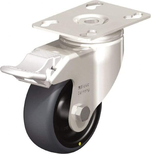 Blickle - 3" Diam x 1-1/4" Wide x 4-3/8" OAH Top Plate Mount Swivel Caster with Brake - Thermoplastic Rubber Elastomer (TPE), 143 Lb Capacity, Plain Bore Bearing, 3-9/16 x 2-5/8" Plate - USA Tool & Supply