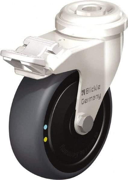 Blickle - 3" Diam x 63/64" Wide x 3-27/32" OAH Hollow Kingpin Mount Swivel Caster with Brake - Thermoplastic Rubber Elastomer (TPE), 110 Lb Capacity, Ball Bearing, Hollow Kingpin Stem - USA Tool & Supply
