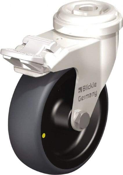 Blickle - 3" Diam x 63/64" Wide x 3-27/32" OAH Hollow Kingpin Mount Swivel Caster with Brake - Thermoplastic Rubber Elastomer (TPE), 110 Lb Capacity, Plain Bore Bearing, Hollow Kingpin Stem - USA Tool & Supply