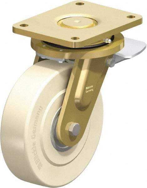 Blickle - 8" Diam x 2-5/32" Wide x 10-1/32" OAH Top Plate Mount Swivel Caster with Brake - Impact-Resistant Cast Nylon, 6,600 Lb Capacity, Ball Bearing, 6-7/8 x 5-1/2" Plate - USA Tool & Supply