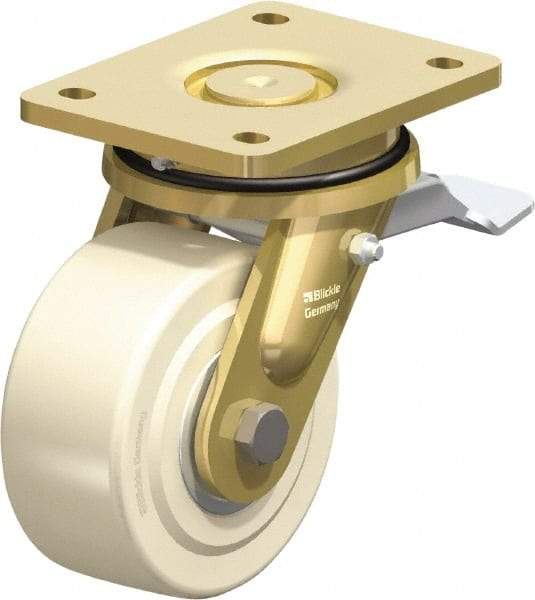 Blickle - 5" Diam x 2-5/32" Wide x 6-11/16" OAH Top Plate Mount Swivel Caster with Brake - Impact-Resistant Cast Nylon, 3,850 Lb Capacity, Ball Bearing, 5-1/2 x 4-3/8" Plate - USA Tool & Supply