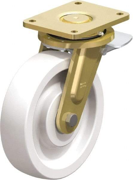 Blickle - 10" Diam x 2-9/16" Wide x 12" OAH Top Plate Mount Swivel Caster with Brake - Impact-Resistant Nylon, 4,400 Lb Capacity, Ball Bearing, 6-7/8 x 5-1/2" Plate - USA Tool & Supply