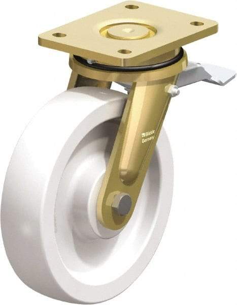 Blickle - 8" Diam x 1-31/32" Wide x 9-41/64" OAH Top Plate Mount Swivel Caster with Brake - Impact-Resistant Nylon, 3,300 Lb Capacity, Plain Bore Bearing, 5-1/2 x 4-3/8" Plate - USA Tool & Supply