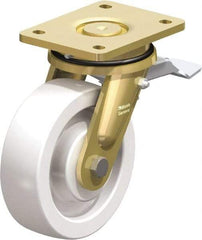 Blickle - 6-1/2" Diam x 1-31/32" Wide x 8-1/16" OAH Top Plate Mount Swivel Caster with Brake - Impact-Resistant Nylon, 1,870 Lb Capacity, Ball Bearing, 5-1/2 x 4-3/8" Plate - USA Tool & Supply