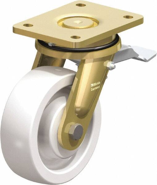 Blickle - 6" Diam x 1-31/32" Wide x 7-7/8" OAH Top Plate Mount Swivel Caster with Brake - Impact-Resistant Nylon, 1,760 Lb Capacity, Ball Bearing, 5-1/2 x 4-3/8" Plate - USA Tool & Supply