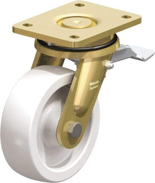 Blickle - 6" Diam x 1-31/32" Wide x 7-7/8" OAH Top Plate Mount Swivel Caster with Brake - Impact-Resistant Nylon, 1,760 Lb Capacity, Plain Bore Bearing, 5-1/2 x 4-3/8" Plate - USA Tool & Supply