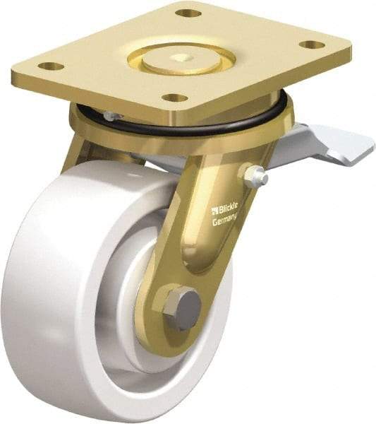 Blickle - 5" Diam x 1-31/32" Wide x 6-11/16" OAH Top Plate Mount Swivel Caster with Brake - Impact-Resistant Nylon, 1,650 Lb Capacity, Ball Bearing, 5-1/2 x 4-3/8" Plate - USA Tool & Supply