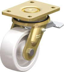 Blickle - 5" Diam x 1-31/32" Wide x 6-11/16" OAH Top Plate Mount Swivel Caster with Brake - Impact-Resistant Nylon, 1,650 Lb Capacity, Plain Bore Bearing, 5-1/2 x 4-3/8" Plate - USA Tool & Supply
