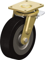 Blickle - 10" Diam x 3-9/64" Wide x 12" OAH Top Plate Mount Swivel Caster with Brake - Solid Rubber, 2,200 Lb Capacity, Ball Bearing, 6-7/8 x 5-1/2" Plate - USA Tool & Supply