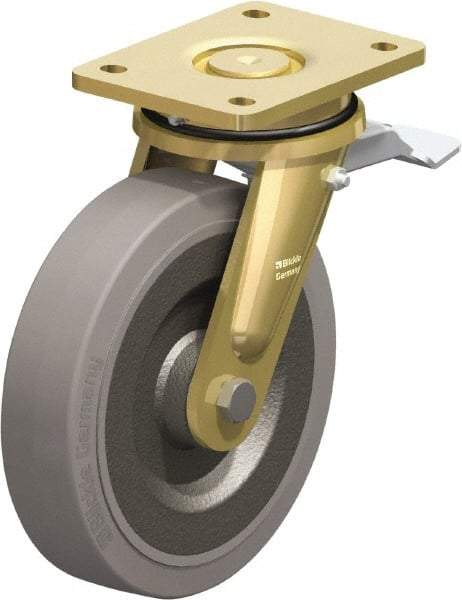 Blickle - 8" Diam x 1-31/32" Wide x 9-41/64" OAH Top Plate Mount Swivel Caster with Brake - Solid Rubber, 1,320 Lb Capacity, Ball Bearing, 5-1/2 x 4-3/8" Plate - USA Tool & Supply