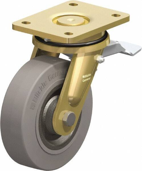 Blickle - 6-1/2" Diam x 1-31/32" Wide x 8-1/16" OAH Top Plate Mount Swivel Caster with Brake - Solid Rubber, 990 Lb Capacity, Ball Bearing, 5-1/2 x 4-3/8" Plate - USA Tool & Supply