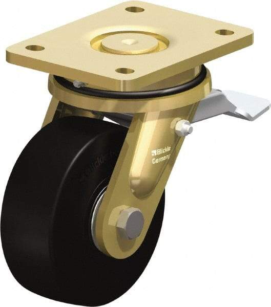 Blickle - 5" Diam x 1-31/32" Wide x 6-11/16" OAH Top Plate Mount Swivel Caster with Brake - Solid Rubber, 704 Lb Capacity, Ball Bearing, 5-1/2 x 4-3/8" Plate - USA Tool & Supply