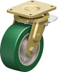 Blickle - 8" Diam x 3-9/64" Wide x 10-1/32" OAH Top Plate Mount Swivel Caster with Brake - Polyurethane-Elastomer Blickle Softhane, 2,640 Lb Capacity, Ball Bearing, 6-7/8 x 5-1/2" Plate - USA Tool & Supply