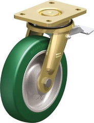 Blickle - 8" Diam x 1-31/32" Wide x 9-41/64" OAH Top Plate Mount Swivel Caster with Brake - Polyurethane-Elastomer Blickle Softhane, 1,760 Lb Capacity, Ball Bearing, 5-1/2 x 4-3/8" Plate - USA Tool & Supply