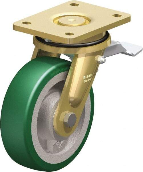 Blickle - 6-1/2" Diam x 1-31/32" Wide x 8-5/64" OAH Top Plate Mount Swivel Caster with Brake - Polyurethane-Elastomer Blickle Softhane, 1,320 Lb Capacity, Ball Bearing, 5-1/2 x 4-3/8" Plate - USA Tool & Supply