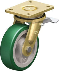 Blickle - 6-1/2" Diam x 1-31/32" Wide x 8-5/64" OAH Top Plate Mount Swivel Caster with Brake - Polyurethane-Elastomer Blickle Softhane, 1,320 Lb Capacity, Ball Bearing, 5-1/2 x 4-3/8" Plate - USA Tool & Supply