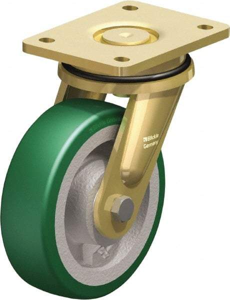 Blickle - 6-1/2" Diam x 1-31/32" Wide x 8-5/64" OAH Top Plate Mount Swivel Caster - Polyurethane-Elastomer Blickle Softhane, 1,320 Lb Capacity, Ball Bearing, 5-1/2 x 4-3/8" Plate - USA Tool & Supply