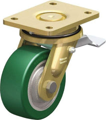 Blickle - 5" Diam x 1-31/32" Wide x 6-11/16" OAH Top Plate Mount Swivel Caster with Brake - Polyurethane-Elastomer Blickle Softhane, 990 Lb Capacity, Ball Bearing, 5-1/2 x 4-3/8" Plate - USA Tool & Supply