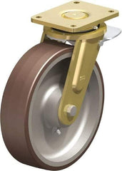 Blickle - 12" Diam x 3-9/64" Wide x 13-31/32" OAH Top Plate Mount Swivel Caster with Brake - Polyurethane-Elastomer Blickle Besthane, 5,280 Lb Capacity, Ball Bearing, 6-7/8 x 5-1/2" Plate - USA Tool & Supply