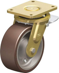 Blickle - 8" Diam x 3-9/64" Wide x 10-1/32" OAH Top Plate Mount Swivel Caster with Brake - Polyurethane-Elastomer Blickle Besthane, 3,520 Lb Capacity, Ball Bearing, 6-7/8 x 5-1/2" Plate - USA Tool & Supply