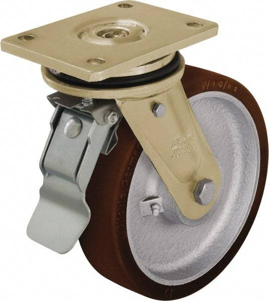 Blickle - 8" Diam x 1-31/32" Wide x 9-41/64" OAH Top Plate Mount Swivel Caster with Brake - Polyurethane-Elastomer Blickle Besthane, 2,200 Lb Capacity, Ball Bearing, 5-1/2 x 4-3/8" Plate - USA Tool & Supply