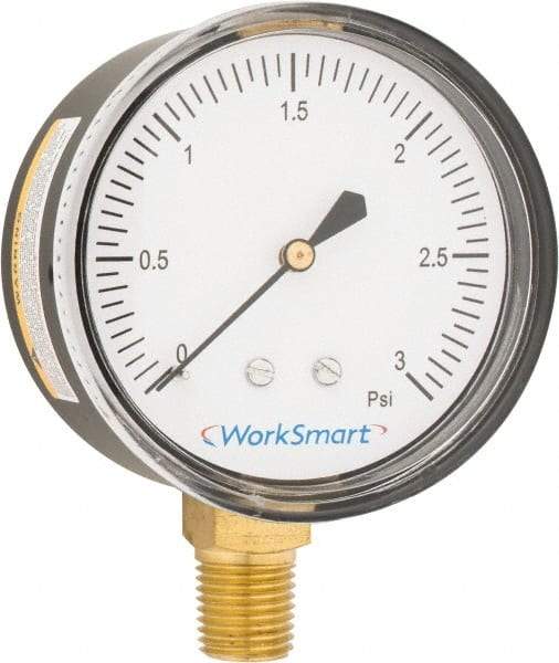 Value Collection - 2-1/2" Dial, 1/4 Thread, 0-3 Scale Range, Pressure Gauge - Lower Connection Mount, Accurate to 1.5% of Scale - USA Tool & Supply
