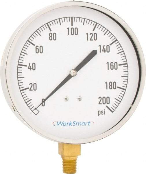 Value Collection - 4-1/2" Dial, 1/4 Thread, 0-200 Scale Range, Pressure Gauge - Lower Connection Mount, Accurate to 0.01% of Scale - USA Tool & Supply
