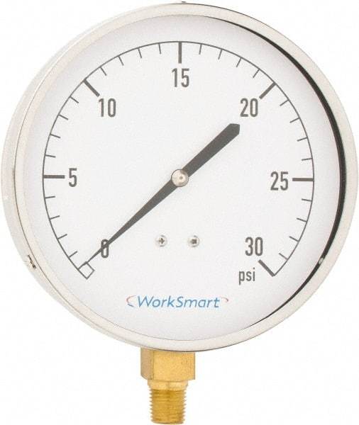 Value Collection - 4-1/2" Dial, 1/4 Thread, 0-30 Scale Range, Pressure Gauge - Lower Connection Mount, Accurate to 0.01% of Scale - USA Tool & Supply