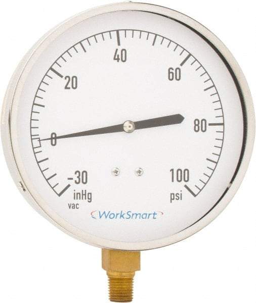 Value Collection - 4-1/2" Dial, 1/4 Thread, 30-0-100 Scale Range, Pressure Gauge - Lower Connection Mount, Accurate to 0.01% of Scale - USA Tool & Supply