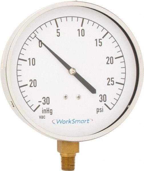 Value Collection - 4-1/2" Dial, 1/4 Thread, 30-0-30 Scale Range, Pressure Gauge - Lower Connection Mount, Accurate to 0.01% of Scale - USA Tool & Supply