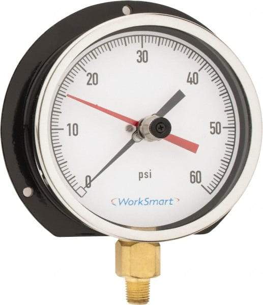 Value Collection - 4-1/2" Dial, 1/4 Thread, 0-60 Scale Range, Pressure Gauge - Lower Connection Mount, Accurate to 0.5% of Scale - USA Tool & Supply