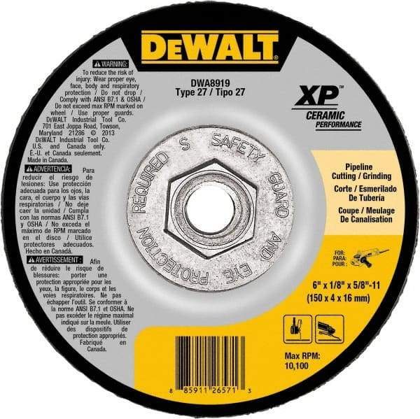 DeWALT - 24 Grit, 6" Wheel Diam, Type 27 Depressed Center Wheel - Coarse/Medium Grade, Ceramic, N Hardness, 10,100 Max RPM - USA Tool & Supply