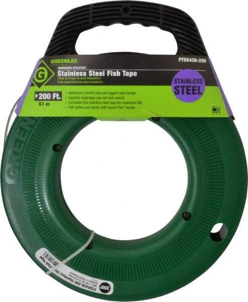 Greenlee - 200 Ft. Long x 1/8 Inch Wide, 0.045 Inch Thick, Stainless Steel Fish Tape - 400 Lb. Pulling Strength, Includes Case - USA Tool & Supply