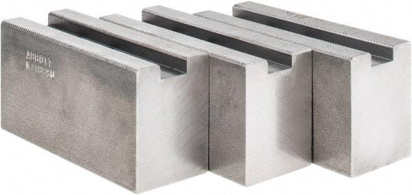 Abbott Workholding Products - 1.5mm x 60° Serrated Attachment, Square Soft Lathe Chuck Jaw - 3 Jaws, Steel, 63/64" Btw Mount Hole Ctrs, 4" Long x 1-1/2" Wide x 2" High, 0.5512" Groove, 0.4724" & 12mm Fastener - USA Tool & Supply