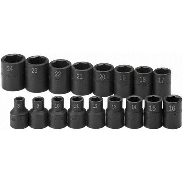 SK - 1/2" Drive Standard Impact Socket Set - 8 to 24mm, Metric Measurement Standard - USA Tool & Supply