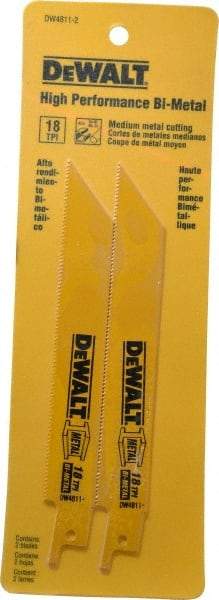 DeWALT - 6" Long x 3/4" Thick, Bi-Metal Reciprocating Saw Blade - Straight Profile, 18 TPI, Toothed Edge, Universal Shank - USA Tool & Supply