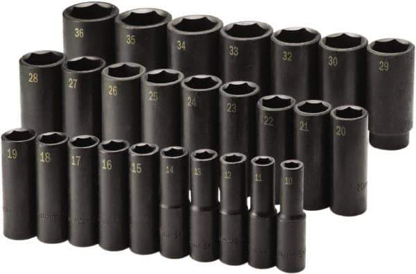 SK - 26 Piece 1/2" Drive Deep Impact Socket Set - 6 Points, 10 to 36mm, Metric Measurement Standard - USA Tool & Supply