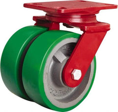 Hamilton - 6" Diam x 2" Wide x 7-3/4" OAH Top Plate Mount Swivel Caster - Polyurethane Mold onto Cast Iron Center, 2,400 Lb Capacity, Sealed Precision Ball Bearing, 4-1/2 x 6-1/2" Plate - USA Tool & Supply