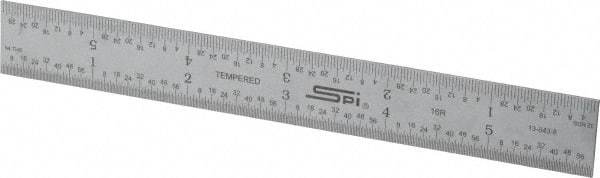 SPI - 6" Long, 1/100, 1/64, 1/50, 1/32" Graduation, Rigid Steel Rule - 16R Graduation Style, 3/4" Wide, Silver, Satin Chrome Finish - USA Tool & Supply