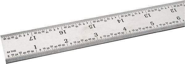 SPI - 18" Long, 1/100, 1/64, 1/32, 1/10" Graduation, Rigid Steel Rule - 5R Graduation Style, 1-1/8" Wide, Silver, Satin Chrome Finish - USA Tool & Supply