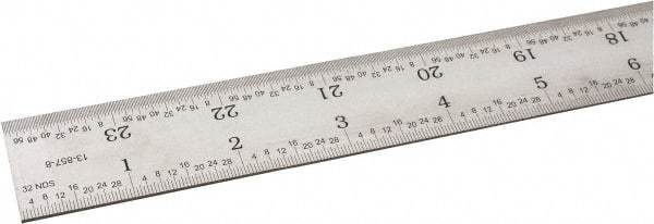 SPI - 24" Long, 1/100, 1/64, 1/32, 1/10" Graduation, Rigid Steel Rule - 5R Graduation Style, 1-1/8" Wide, Silver, Satin Chrome Finish - USA Tool & Supply