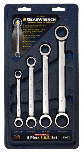 GearWrench - 4 Piece, 5/16" x 3/8" to 11/16" x 3/4", Ratcheting Box Wrench Set - Inch Measurement Standard, Chrome Finish, Comes in Display Card - USA Tool & Supply