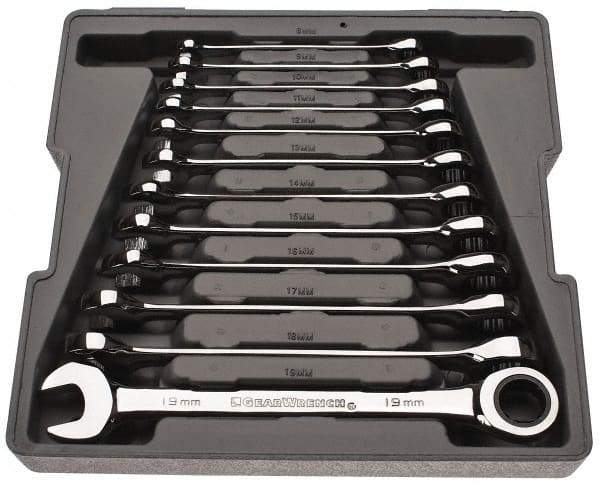 GearWrench - 12 Piece, 8mm to 19mm, Combination Wrench Set - Metric Measurement Standard, Chrome Finish, Comes in Tray - USA Tool & Supply