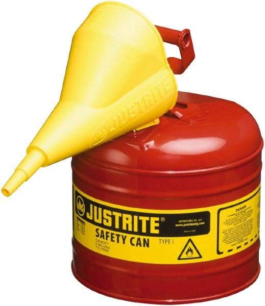 Justrite - 2 Gal Brass Type I Safety Can - 9-1/2" High, Red - USA Tool & Supply