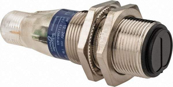 Telemecanique Sensors - 4 Pin M12 Connector, 4 Nominal Distance, Shock and Vibration Resistant, Retroreflective Photoelectric Sensor - 12 to 24 VDC, 500 Hz, Nickel Plated Brass, 2.36 Inch Long x 0.71 Inch Wide - USA Tool & Supply