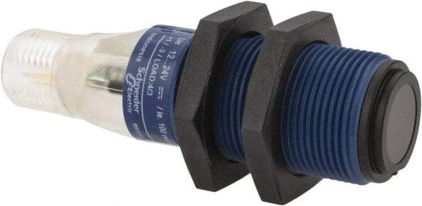 Telemecanique Sensors - 4 Pin M12 Connector, 15m Nominal Distance, Shock and Vibration Resistant, Through Beam Photoelectric Sensor - 12 to 24 VDC, 500 Hz, PBT, 2.36 Inch Long x 0.71 Inch Wide - USA Tool & Supply