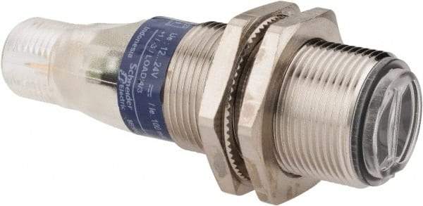 Telemecanique Sensors - 4 Pin M12 Connector, 0.1m Nominal Distance, Shock and Vibration Resistant, Diffused Photoelectric Sensor - 12 to 24 VDC, 500 Hz, Nickel Plated Brass, 2.36 Inch Long x 0.71 Inch Wide - USA Tool & Supply