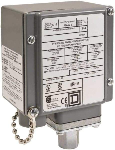 Square D - 4, 13 and 4X NEMA Rated, SPDT, 20 to 675 psi, Electromechanical Pressure and Level Switch - Adjustable Pressure, 120 VAC at 6 Amp, 240 VAC at 3 Amp, 250 VDC at 0.27 Amp, 1/4 Inch Connector, Screw Terminal, For Use with 9012G - USA Tool & Supply